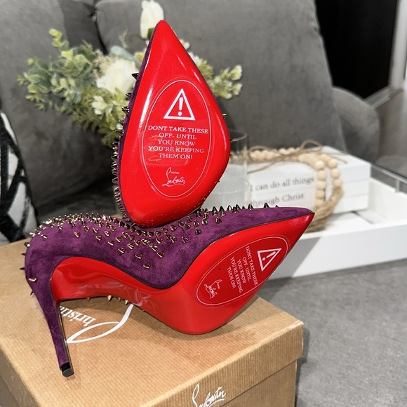 CHRISTIAN LOUBOUTIN Suede Velour Studded Spike Pumps 36 6 100 High Heels Merlot - Picture 8 of 10